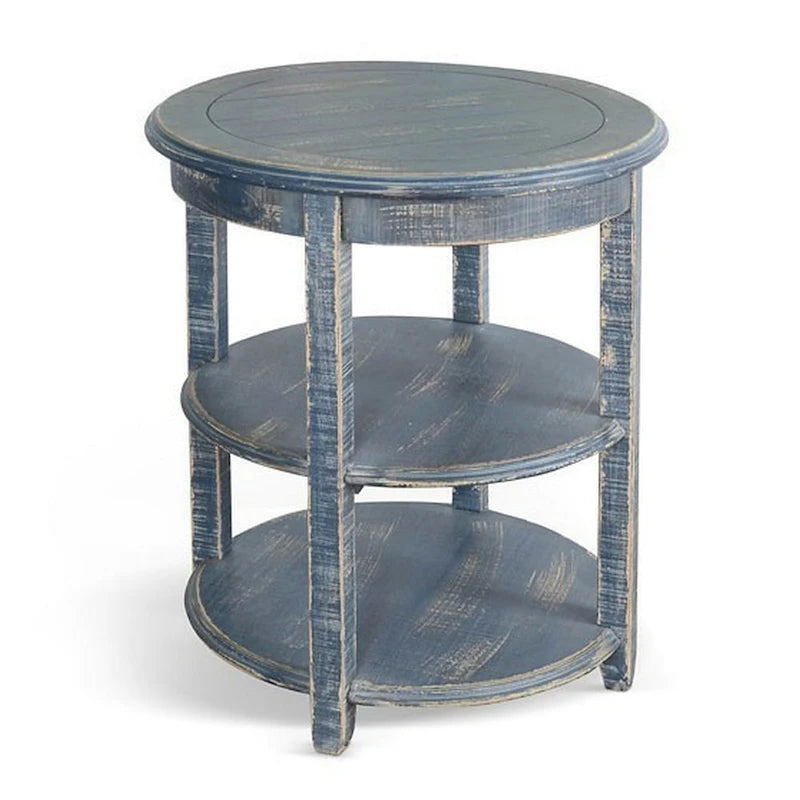 Side End Table with 2 Shelves, 24 Inch Ocean Blue Mahogany Wood