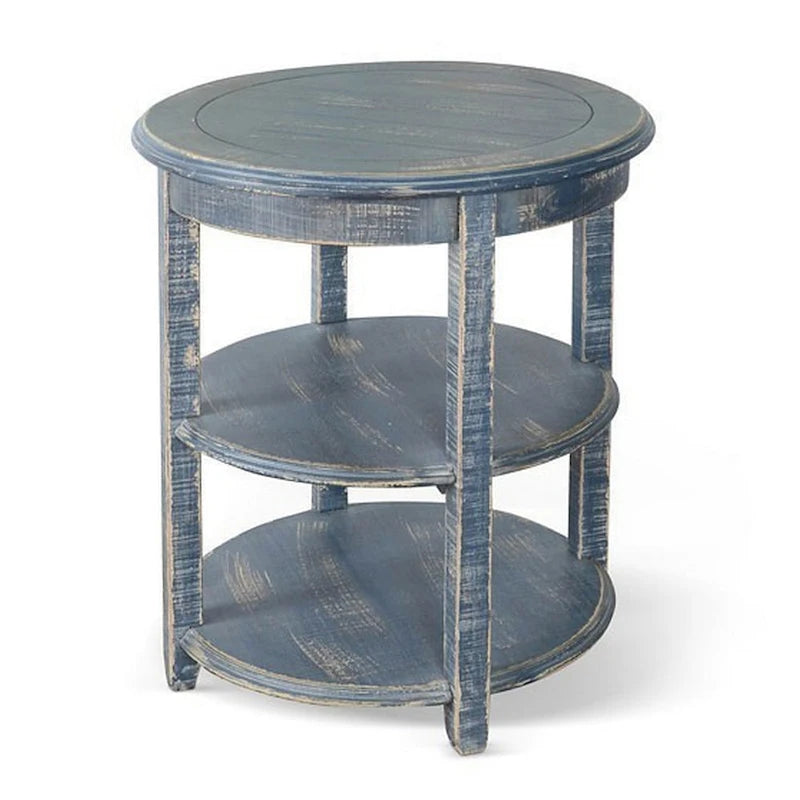 Side End Table with 2 Shelves, 24 Inch Ocean Blue Mahogany Wood
