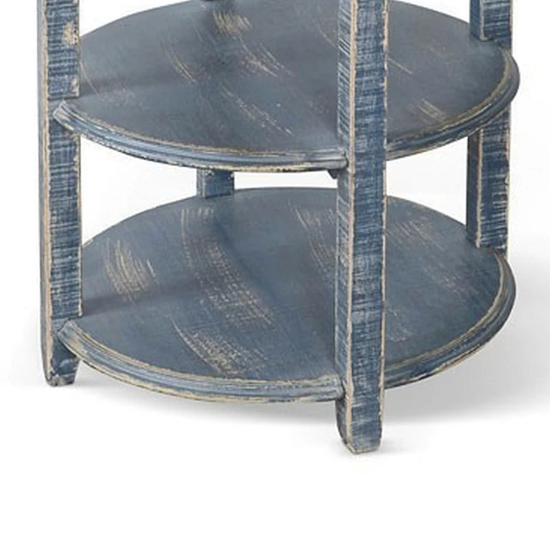 Side End Table with 2 Shelves, 24 Inch Ocean Blue Mahogany Wood