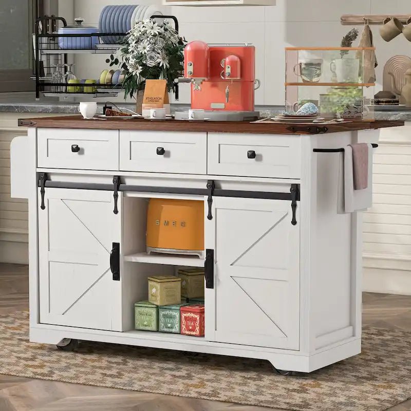 53.7" Farmhouse Kitchen Island with Power Outlet and Sliding Barn Doors