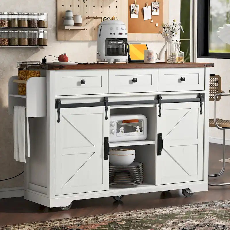 53.7" Farmhouse Kitchen Island with Power Outlet and Sliding Barn Doors