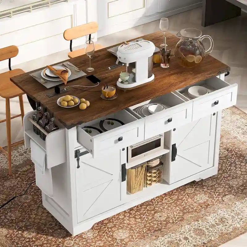 53.7" Farmhouse Kitchen Island with Power Outlet and Sliding Barn Doors