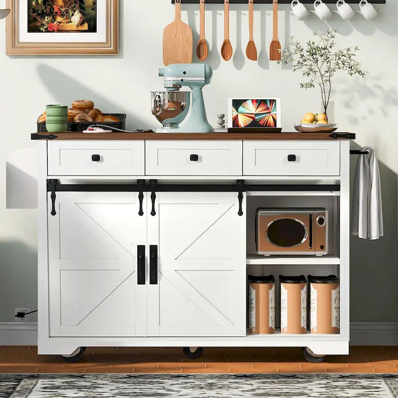 53.7" Farmhouse Kitchen Island with Power Outlet and Sliding Barn Doors