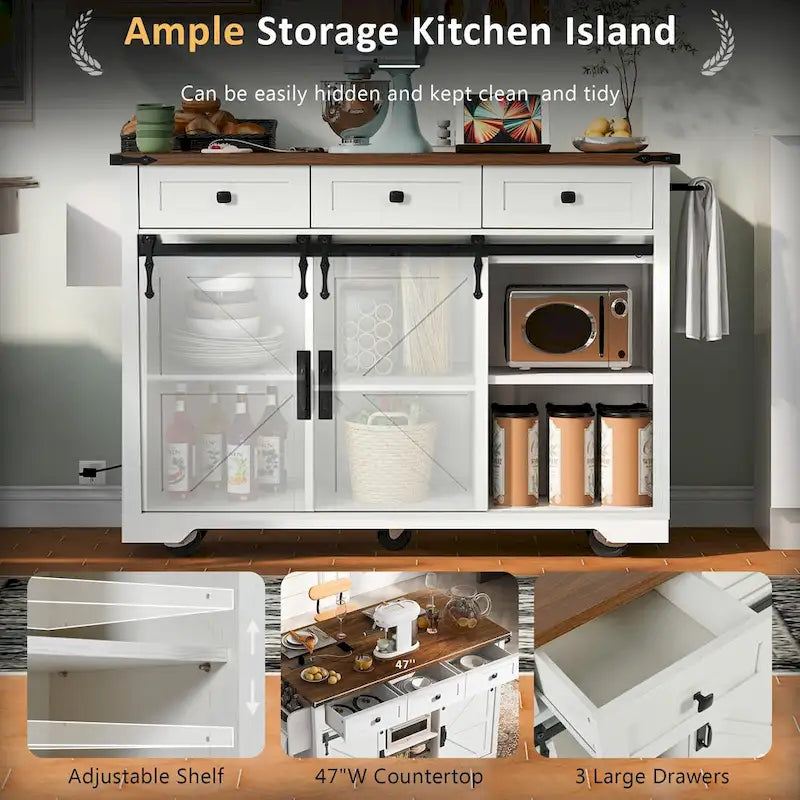 53.7" Farmhouse Kitchen Island with Power Outlet and Sliding Barn Doors