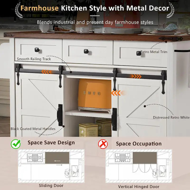 53.7" Farmhouse Kitchen Island with Power Outlet and Sliding Barn Doors