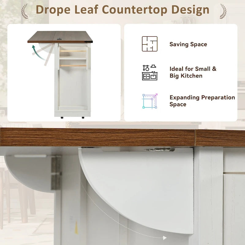 53.7" Farmhouse Kitchen Island with Power Outlet and Sliding Barn Doors