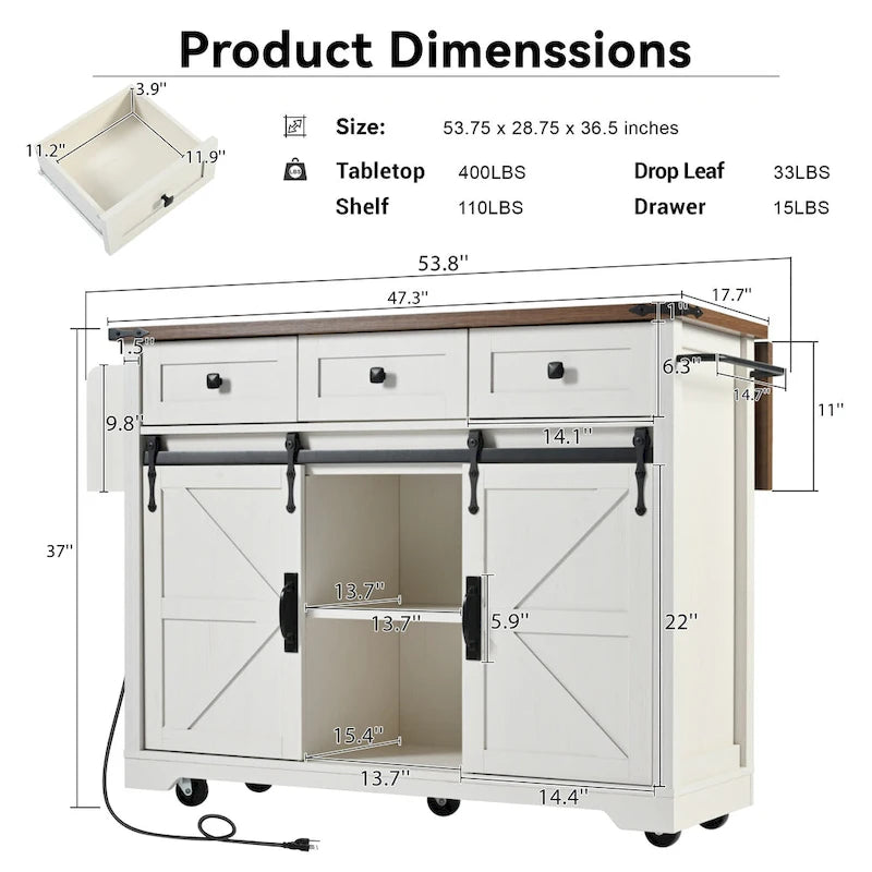 53.7" Farmhouse Kitchen Island with Power Outlet and Sliding Barn Doors