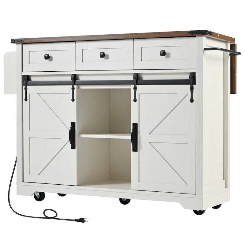 53.7" Farmhouse Kitchen Island with Power Outlet and Sliding Barn Doors
