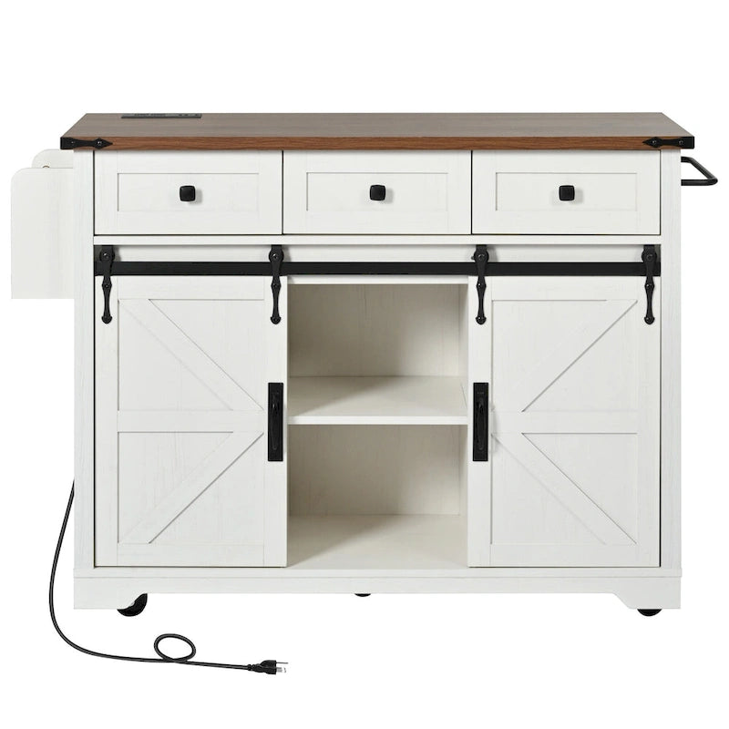 53.7" Farmhouse Kitchen Island with Power Outlet and Sliding Barn Doors