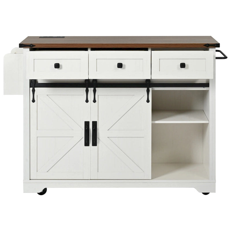 53.7" Farmhouse Kitchen Island with Power Outlet and Sliding Barn Doors