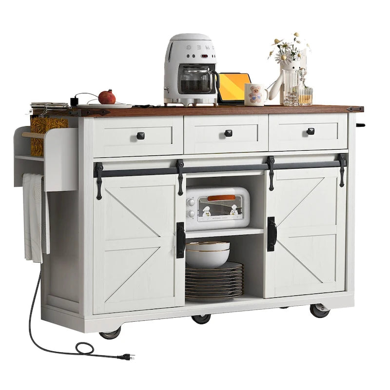 53.7" Farmhouse Kitchen Island with Power Outlet and Sliding Barn Doors