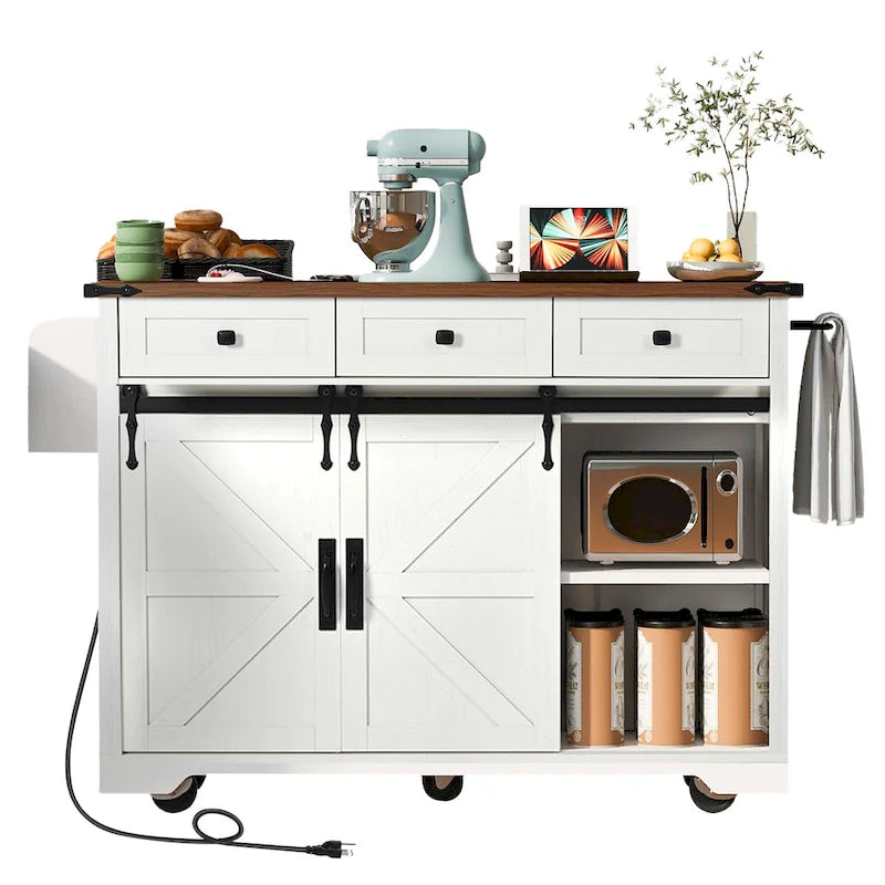 53.7" Farmhouse Kitchen Island with Power Outlet and Sliding Barn Doors