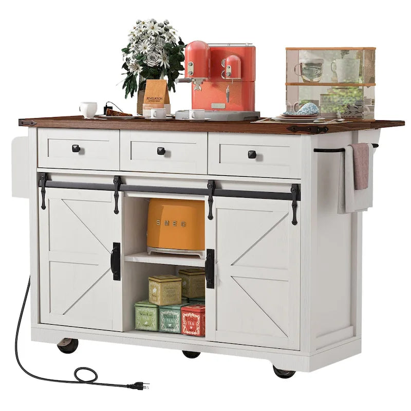 53.7" Farmhouse Kitchen Island with Power Outlet and Sliding Barn Doors