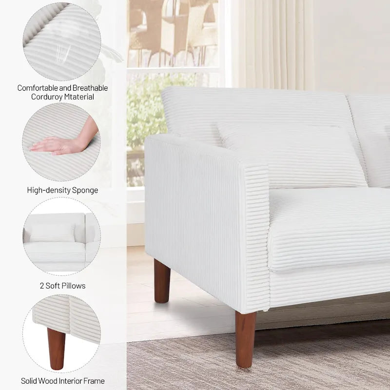 74 in. Comfy Corduroy Rectangle 2-Seater Loveseat with Solid Wood & 2 Pillows