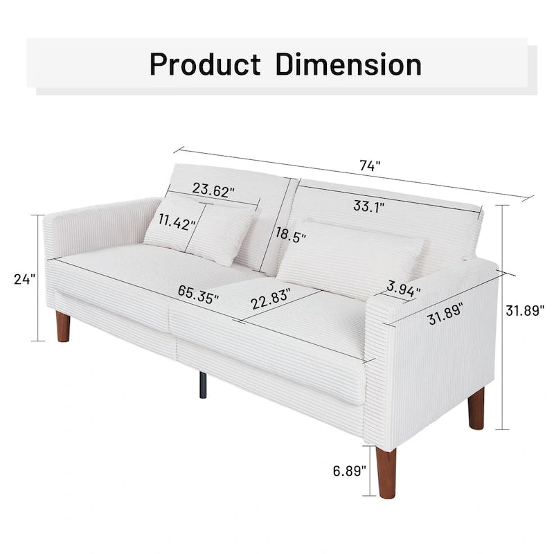 74 in. Comfy Corduroy Rectangle 2-Seater Loveseat with Solid Wood & 2 Pillows