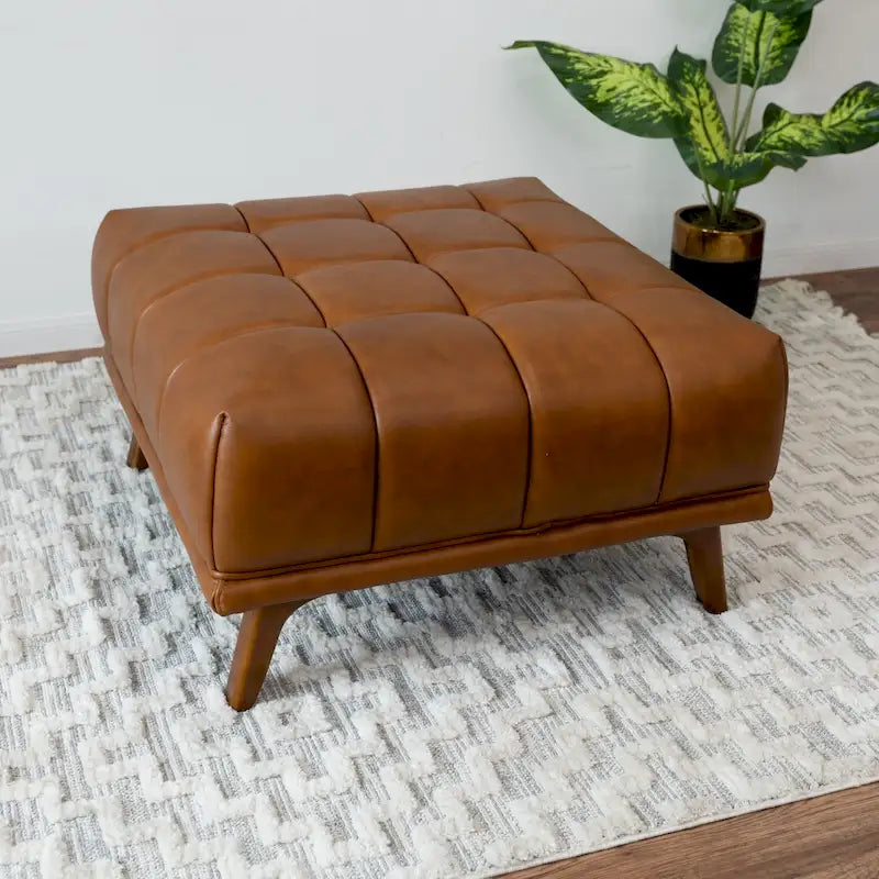 Mid-Century Tufted Leather Ottoman in Tan