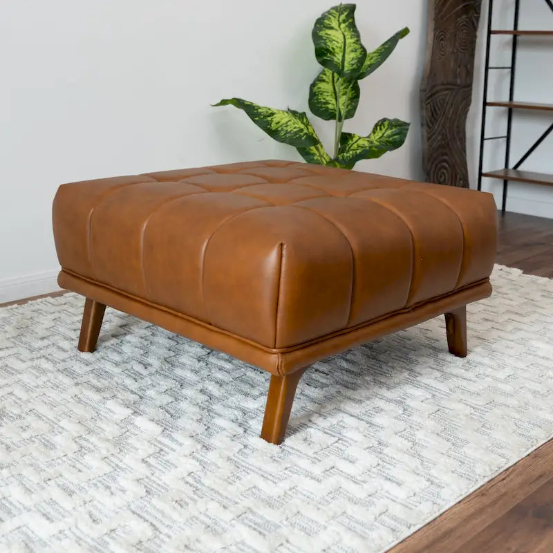 Mid-Century Tufted Leather Ottoman in Tan