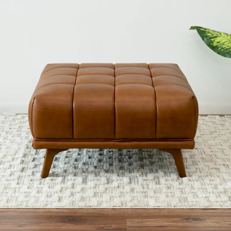 Mid-Century Tufted Leather Ottoman in Tan