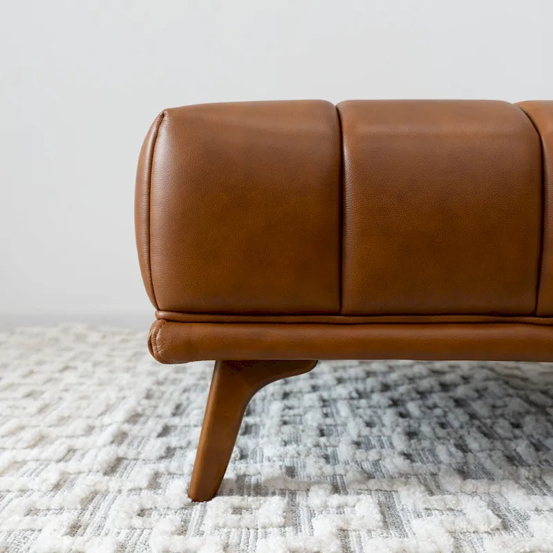 Mid-Century Tufted Leather Ottoman in Tan