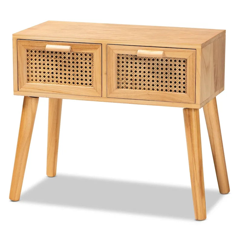 Mid-Century Modern 2-Drawer Wood Console Table with Rattan