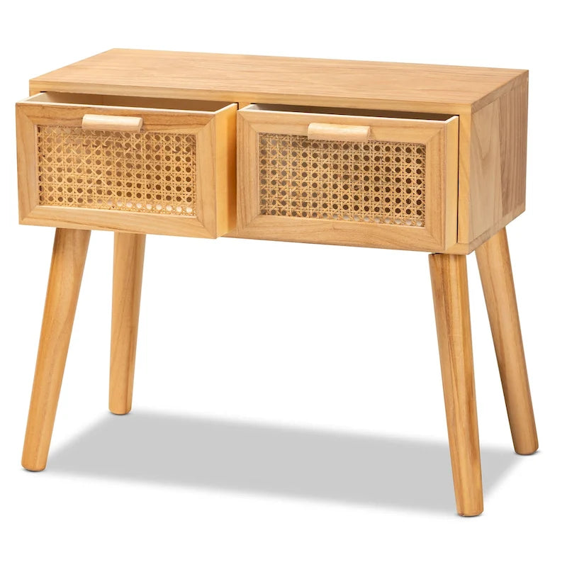 Mid-Century Modern 2-Drawer Wood Console Table with Rattan