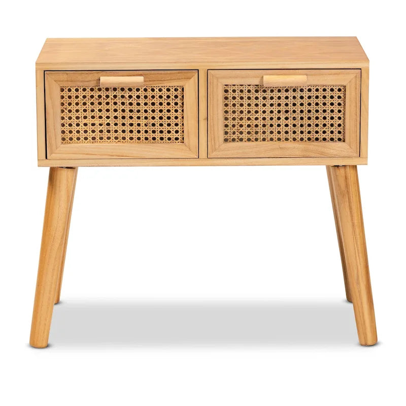 Mid-Century Modern 2-Drawer Wood Console Table with Rattan