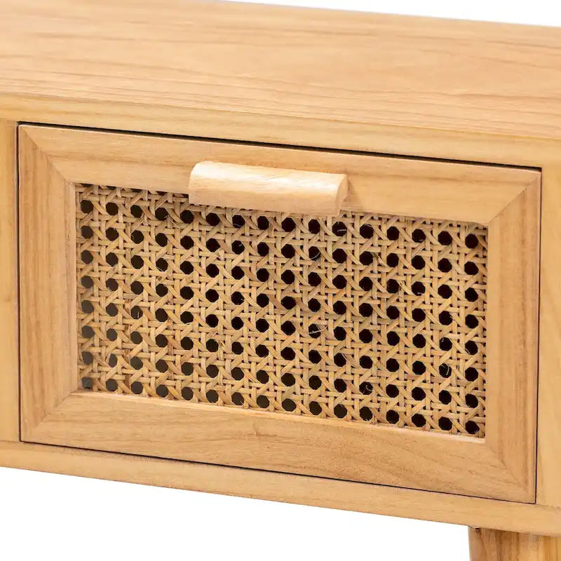Mid-Century Modern 2-Drawer Wood Console Table with Rattan