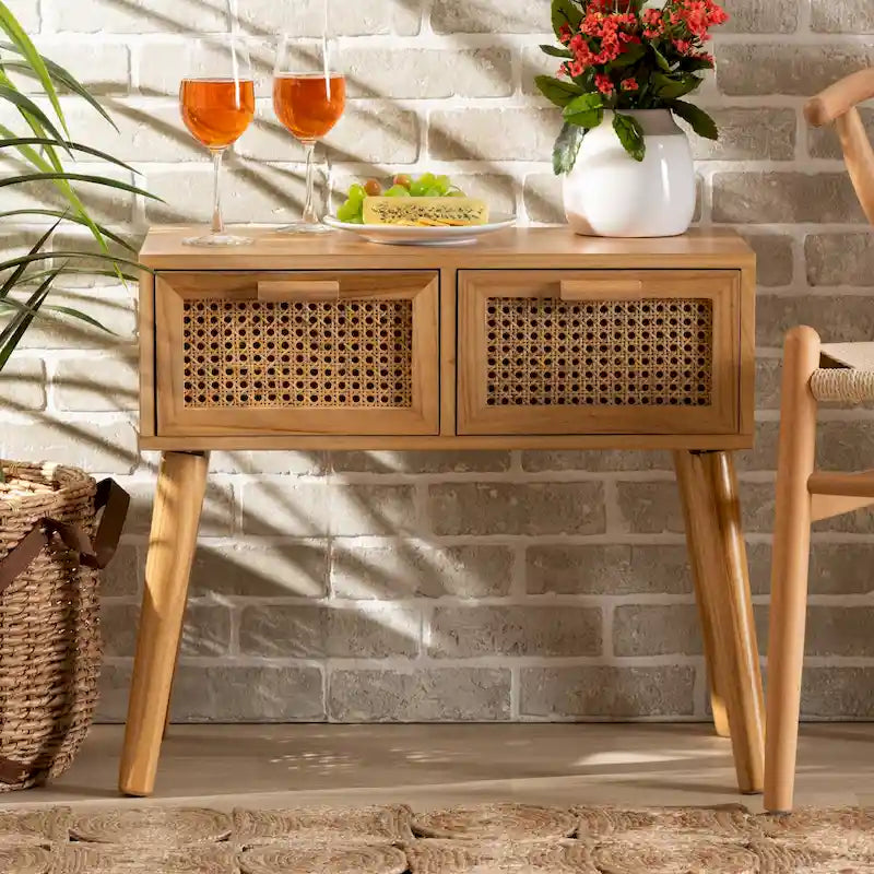 Mid-Century Modern 2-Drawer Wood Console Table with Rattan