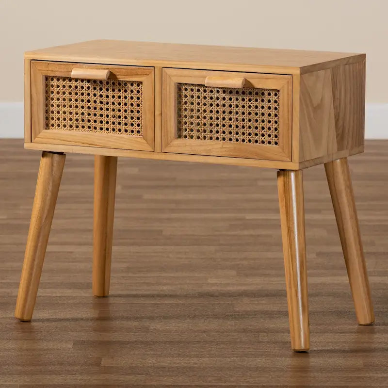Mid-Century Modern 2-Drawer Wood Console Table with Rattan