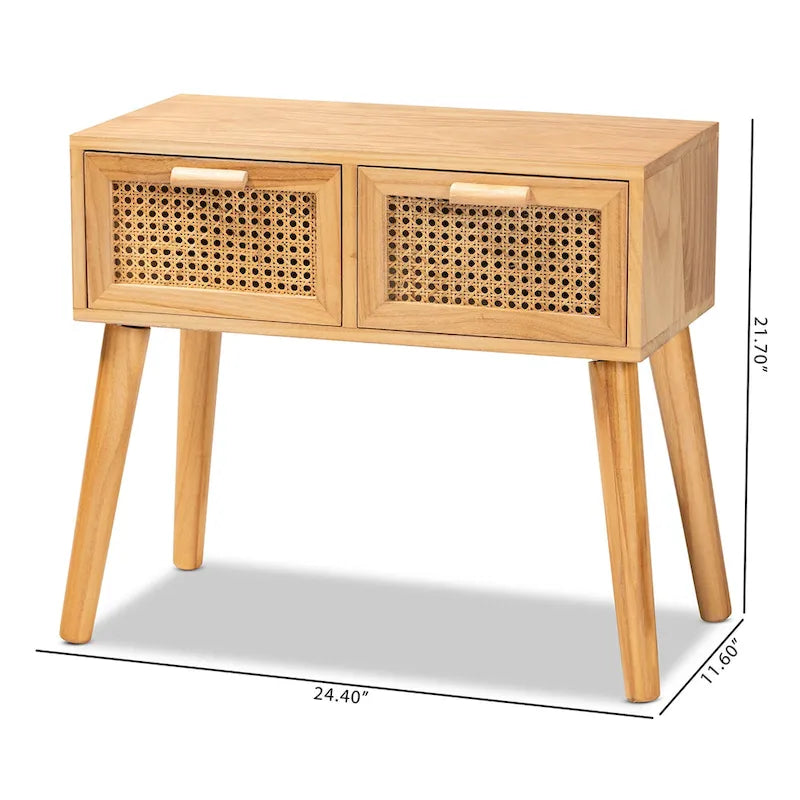 Mid-Century Modern 2-Drawer Wood Console Table with Rattan