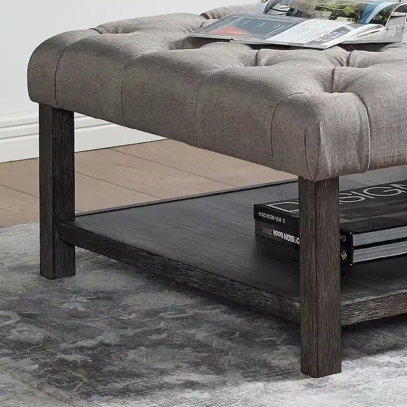 Farmhouse Grey Fabric Tufted Square Cocktail Ottoman with Open Shelf