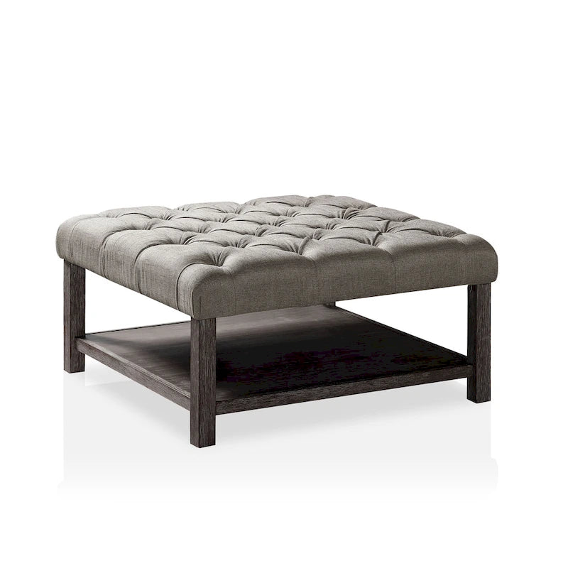 Farmhouse Grey Fabric Tufted Square Cocktail Ottoman with Open Shelf