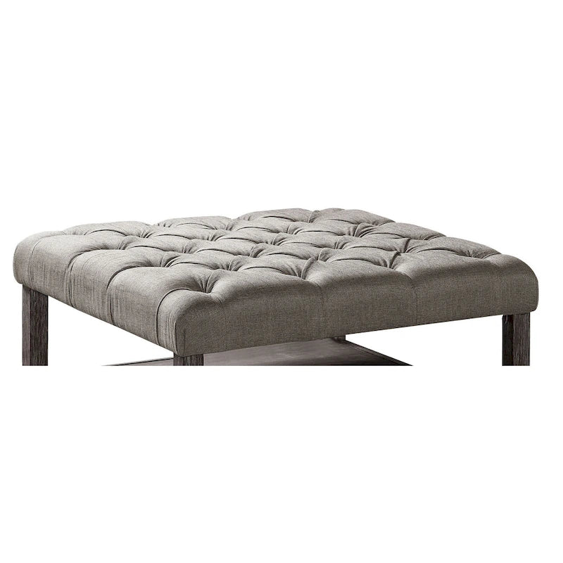 Farmhouse Grey Fabric Tufted Square Cocktail Ottoman with Open Shelf