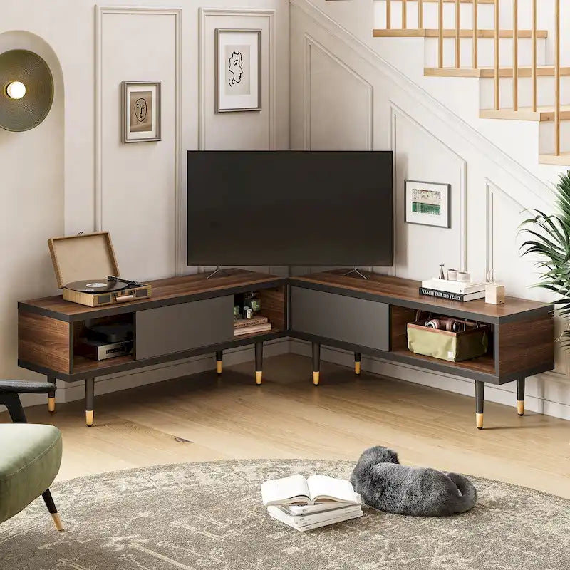 Meuble TV pour téléviseurs de 85 pouces, centre de divertissement avec rangements et portes coulissantes, long meuble média 2-en-1 pour salon