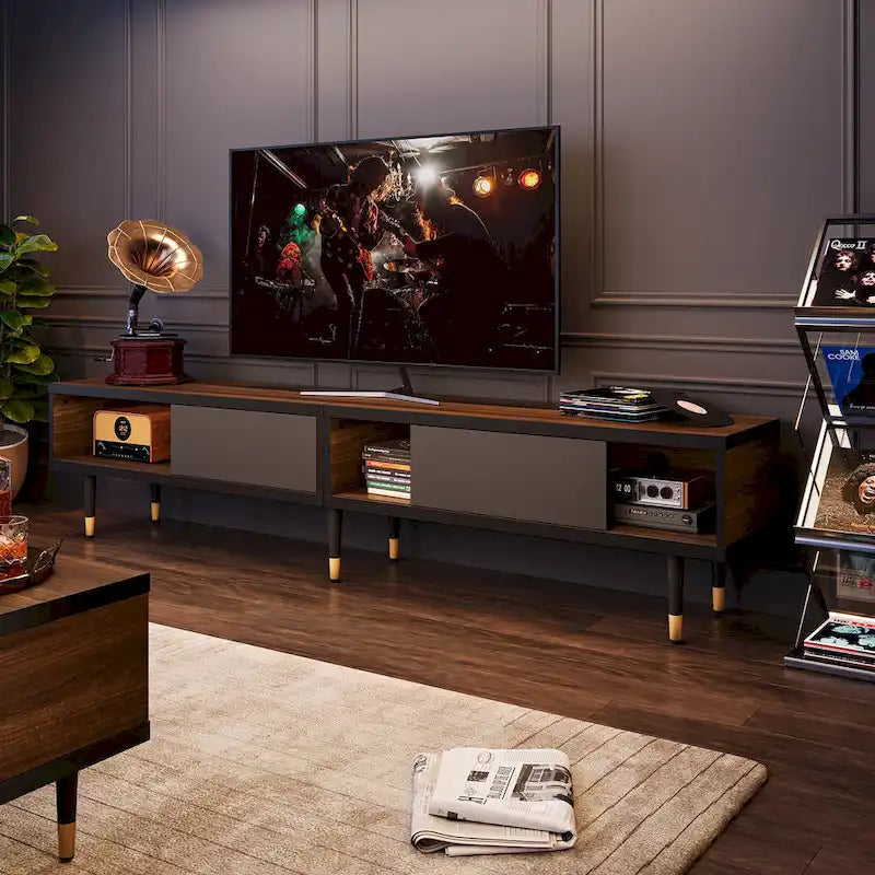 Meuble TV pour téléviseurs de 85 pouces, centre de divertissement avec rangements et portes coulissantes, long meuble média 2-en-1 pour salon