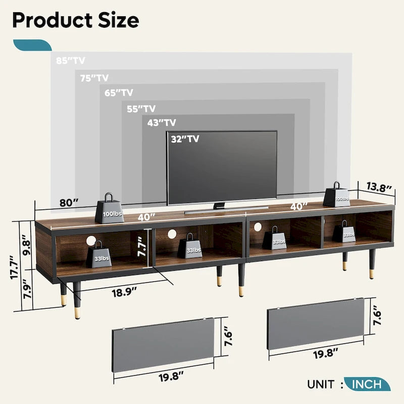 Meuble TV pour téléviseurs de 85 pouces, centre de divertissement avec rangements et portes coulissantes, long meuble média 2-en-1 pour salon