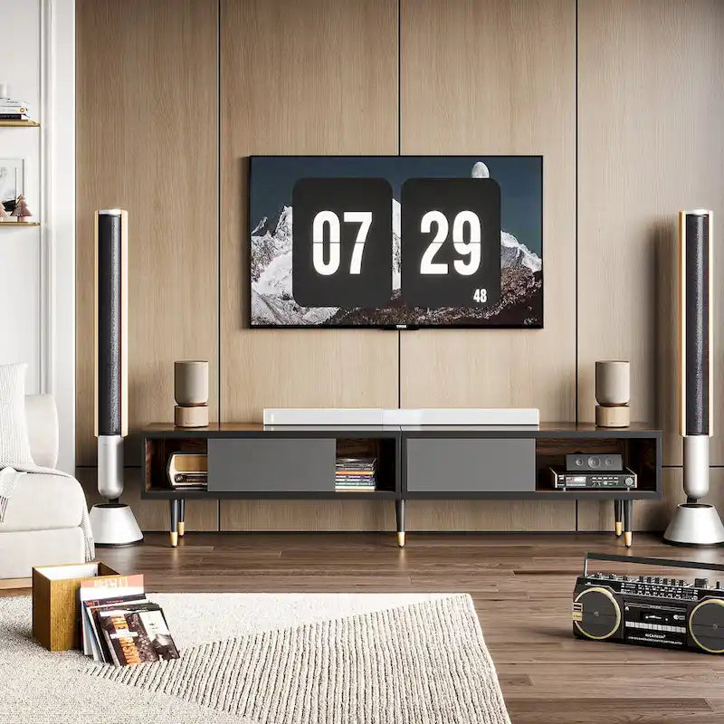 Meuble TV pour téléviseurs de 85 pouces, centre de divertissement avec rangements et portes coulissantes, long meuble média 2-en-1 pour salon