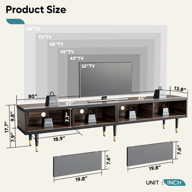 Meuble TV pour téléviseurs de 85 pouces, centre de divertissement avec rangements et portes coulissantes, long meuble média 2-en-1 pour salon