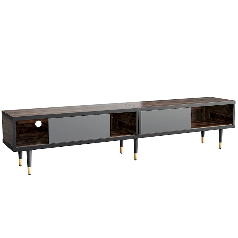 Meuble TV pour téléviseurs de 85 pouces, centre de divertissement avec rangements et portes coulissantes, long meuble média 2-en-1 pour salon