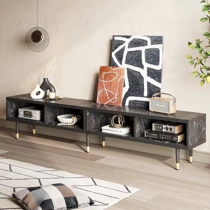 Meuble TV pour téléviseurs de 85 pouces, centre de divertissement avec rangements et portes coulissantes, long meuble média 2-en-1 pour salon