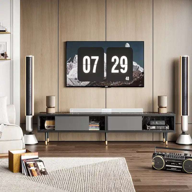 Meuble TV pour téléviseurs de 85 pouces, centre de divertissement avec rangements et portes coulissantes, long meuble média 2-en-1 pour salon