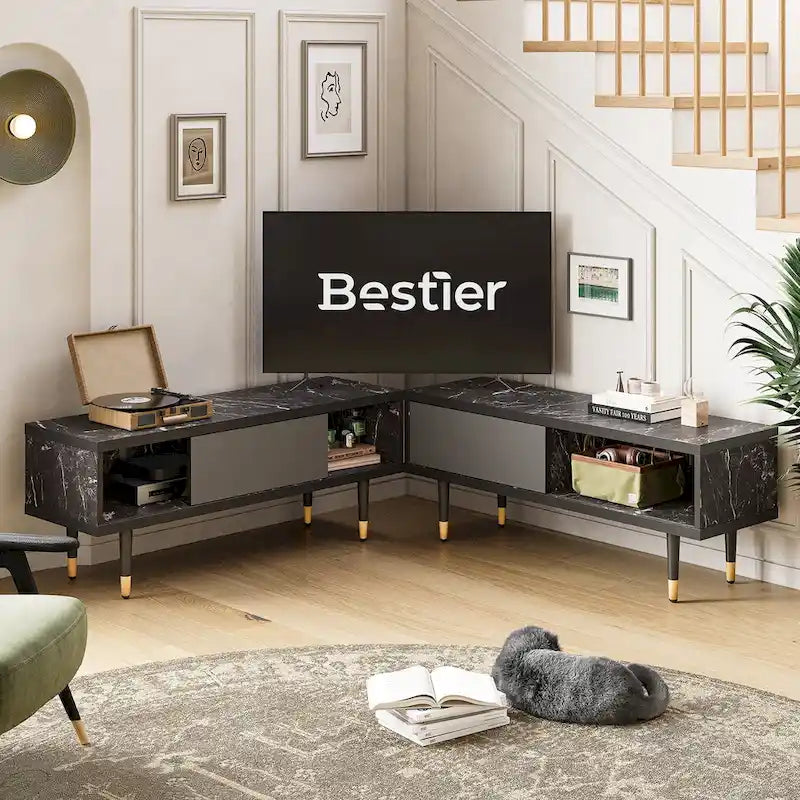 Meuble TV pour téléviseurs de 85 pouces, centre de divertissement avec rangements et portes coulissantes, long meuble média 2-en-1 pour salon