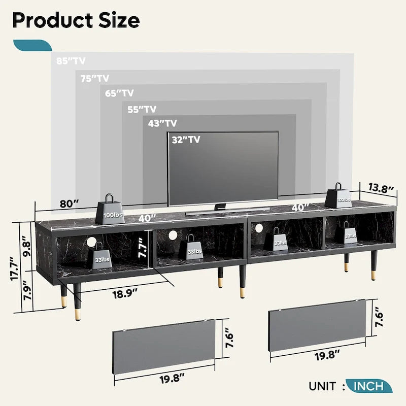 Meuble TV pour téléviseurs de 85 pouces, centre de divertissement avec rangements et portes coulissantes, long meuble média 2-en-1 pour salon
