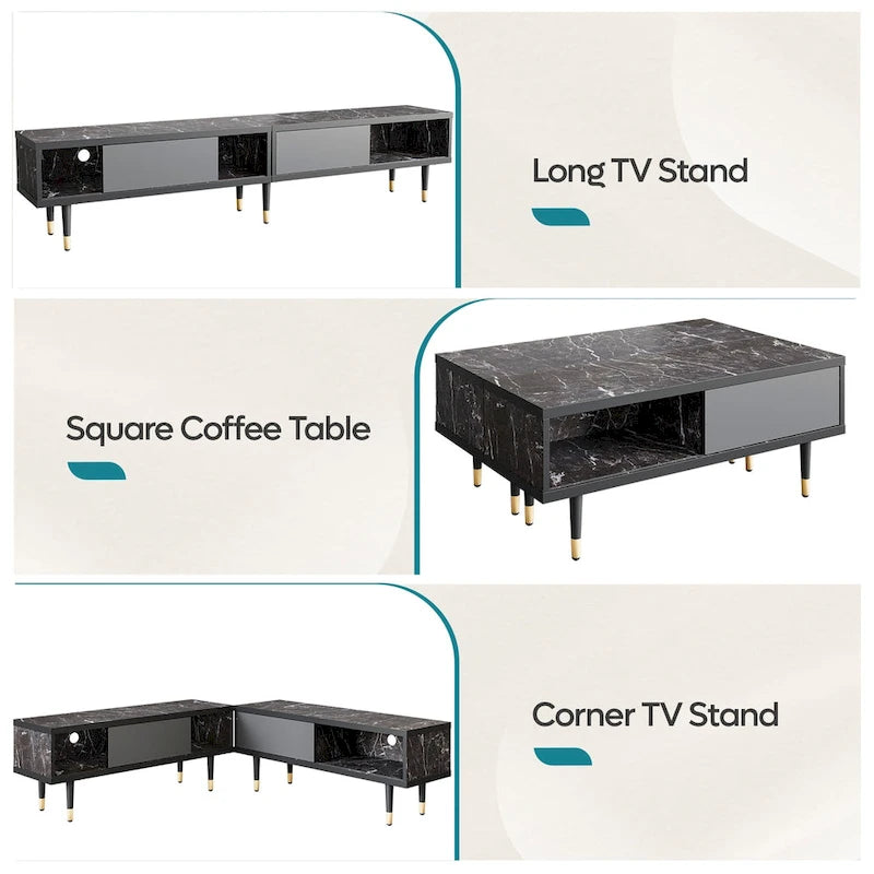 Meuble TV pour téléviseurs de 85 pouces, centre de divertissement avec rangements et portes coulissantes, long meuble média 2-en-1 pour salon