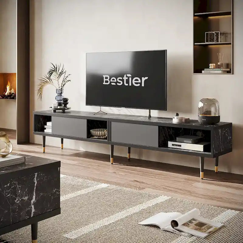 Meuble TV pour téléviseurs de 85 pouces, centre de divertissement avec rangements et portes coulissantes, long meuble média 2-en-1 pour salon