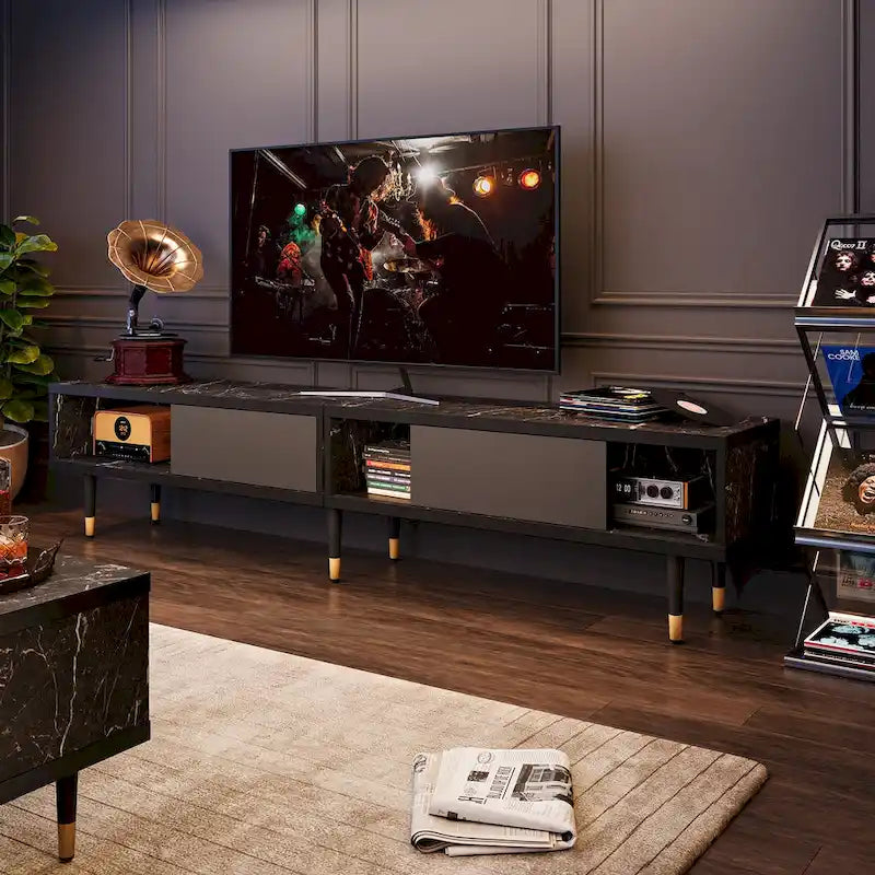 Meuble TV pour téléviseurs de 85 pouces, centre de divertissement avec rangements et portes coulissantes, long meuble média 2-en-1 pour salon