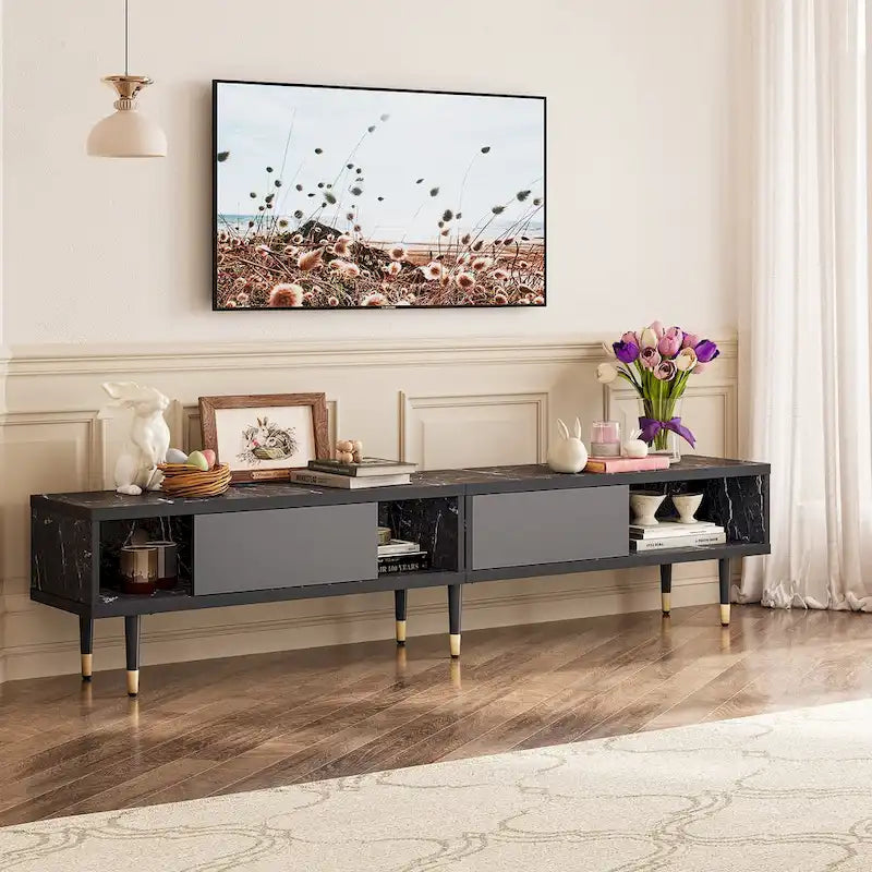 Meuble TV pour téléviseurs de 85 pouces, centre de divertissement avec rangements et portes coulissantes, long meuble média 2-en-1 pour salon