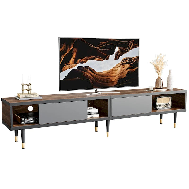Meuble TV pour téléviseurs de 85 pouces, centre de divertissement avec rangements et portes coulissantes, long meuble média 2-en-1 pour salon