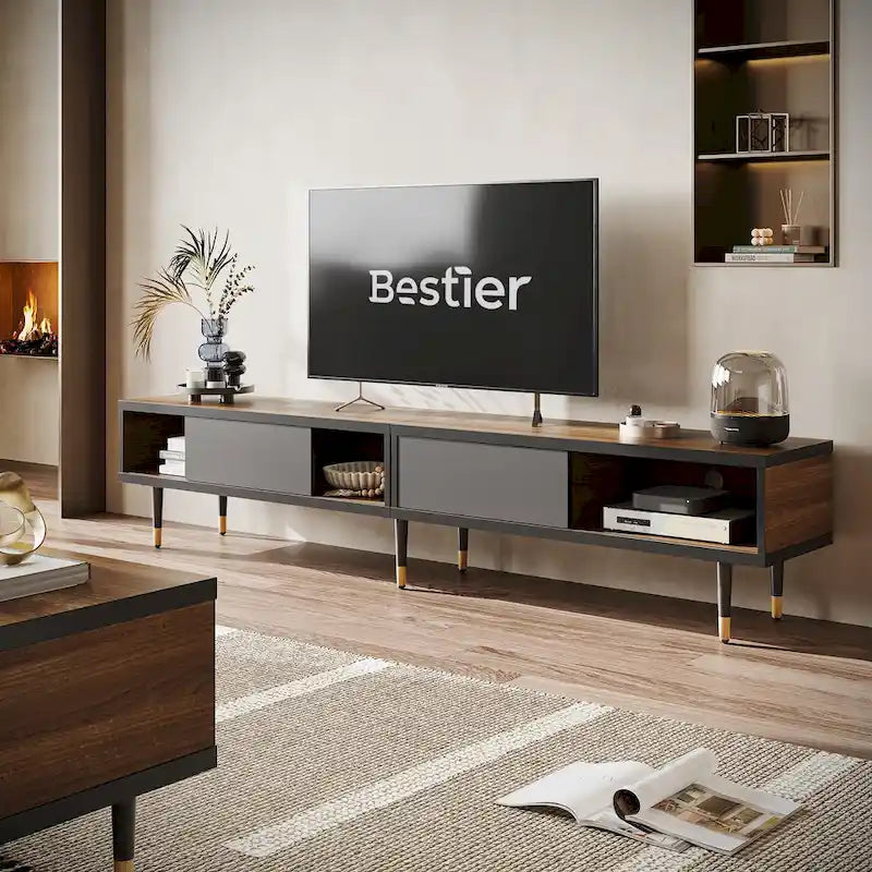 Meuble TV pour téléviseurs de 85 pouces, centre de divertissement avec rangements et portes coulissantes, long meuble média 2-en-1 pour salon