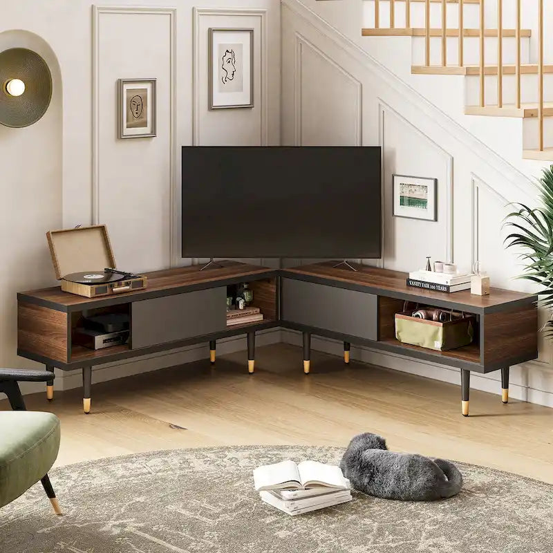 Meuble TV pour téléviseurs de 85 pouces, centre de divertissement avec rangements et portes coulissantes, long meuble média 2-en-1 pour salon